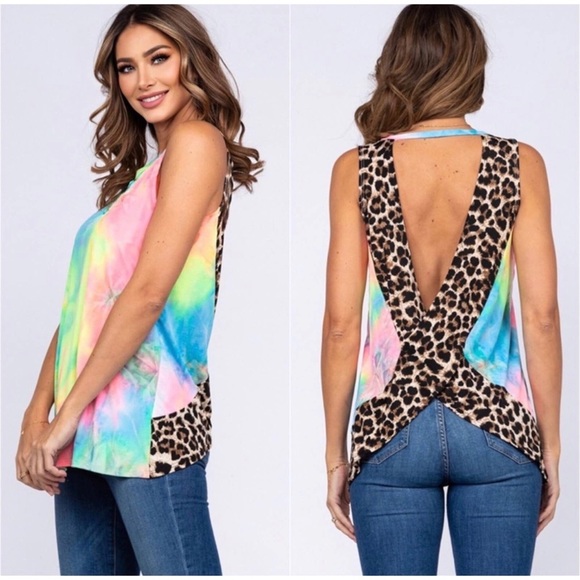1 LEFT! V Back Leopard Print Tie Dye Lightweight Summer Sleeveless Top - Picture 7 of 8